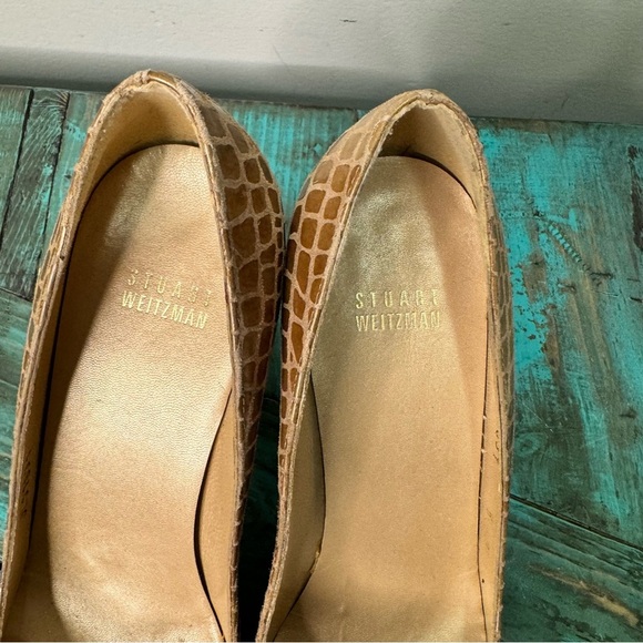Stuart Weitzman Snake Print Tan Beige Leather Peep Toe Heels Size 8 - Picture 8 of 11